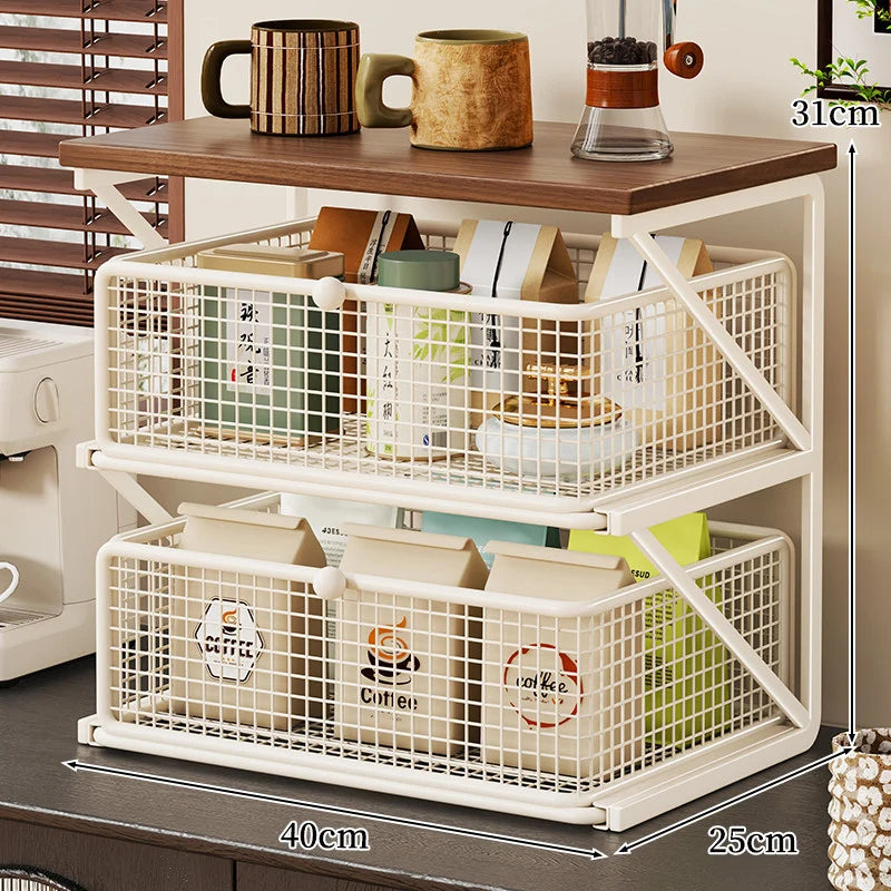 Coffee Station Organizer Wood Top Metal Mesh Basket