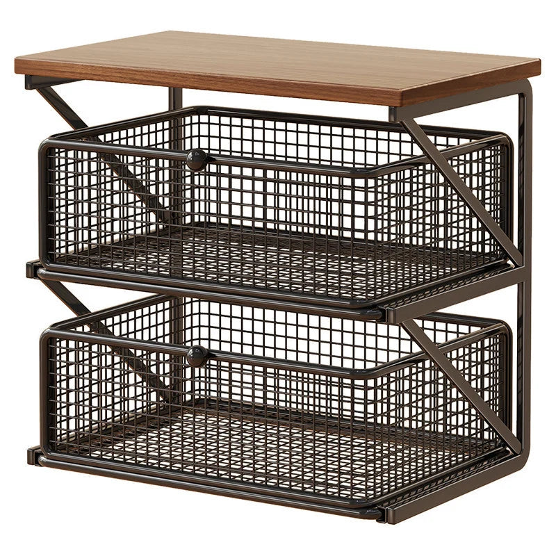 Coffee Station Organizer Wood Top Metal Mesh Basket