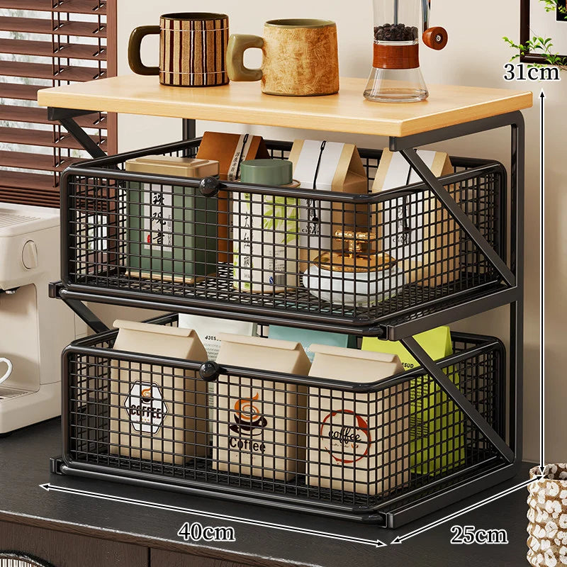 Coffee Station Organizer Wood Top Metal Mesh Basket