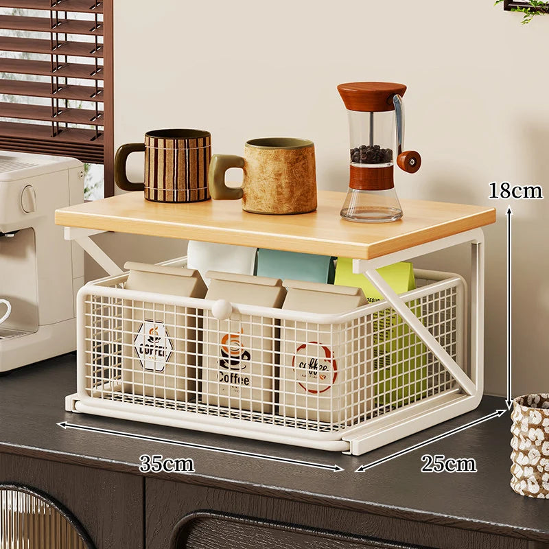 Coffee Station Organizer Wood Top Metal Mesh Basket