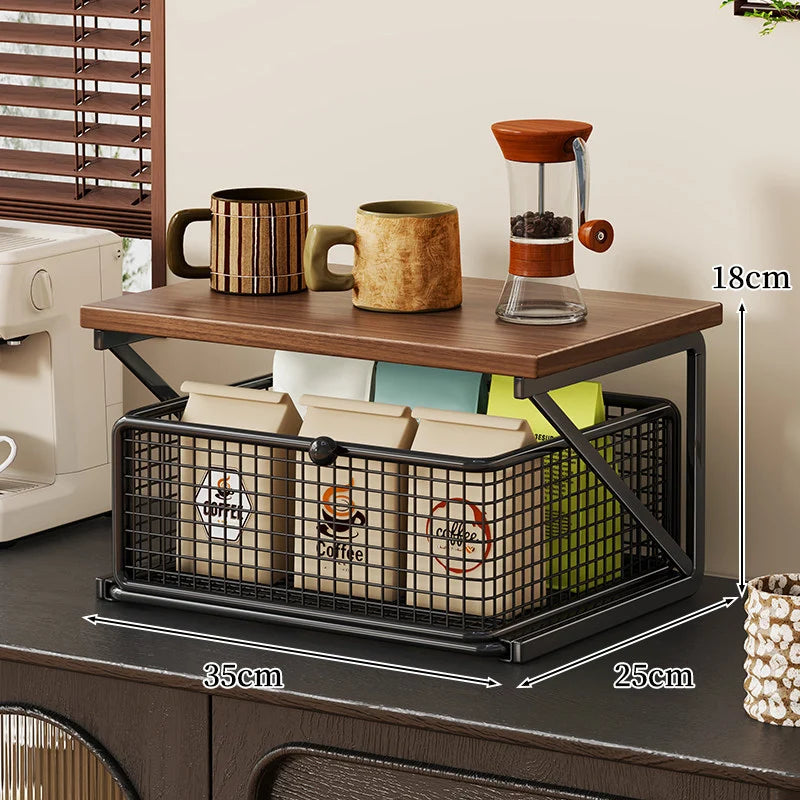 Coffee Station Organizer Wood Top Metal Mesh Basket