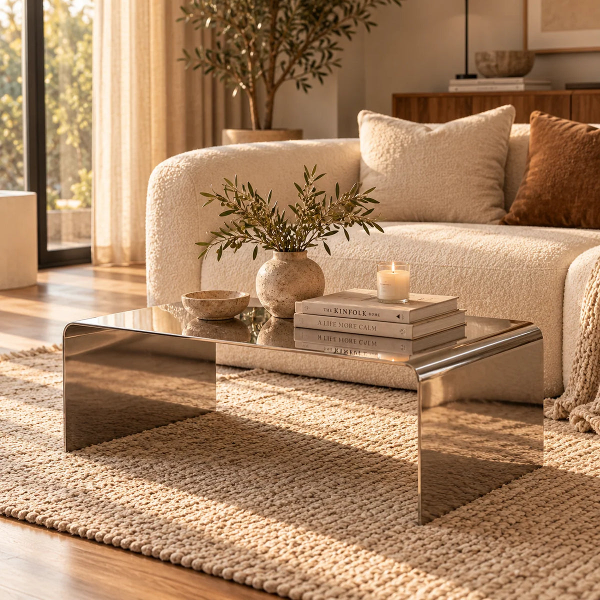 Coffee Table Stainless Steel Waterfall Design Polished Chrome