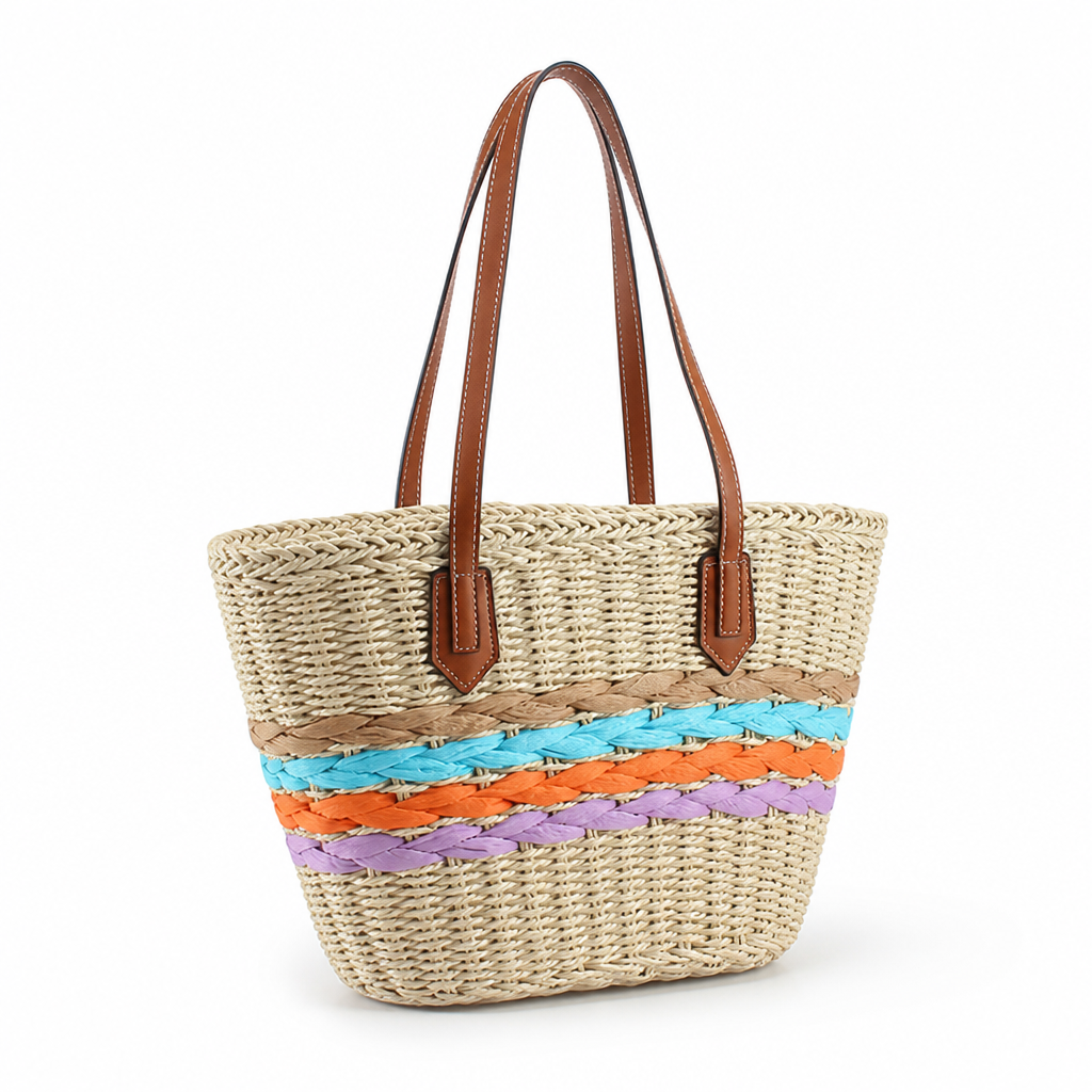 Colorful Braided Woven Raffia Tote (Faux Leather Handles)
