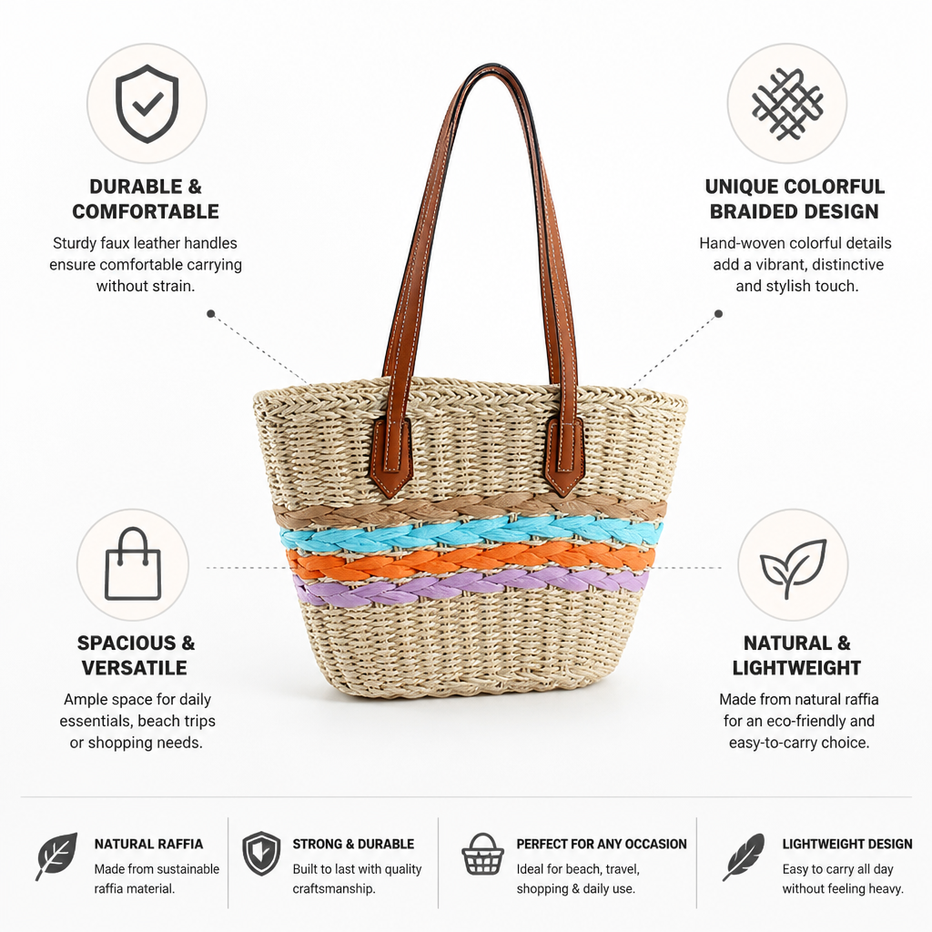 Colorful Braided Woven Raffia Tote (Faux Leather Handles)