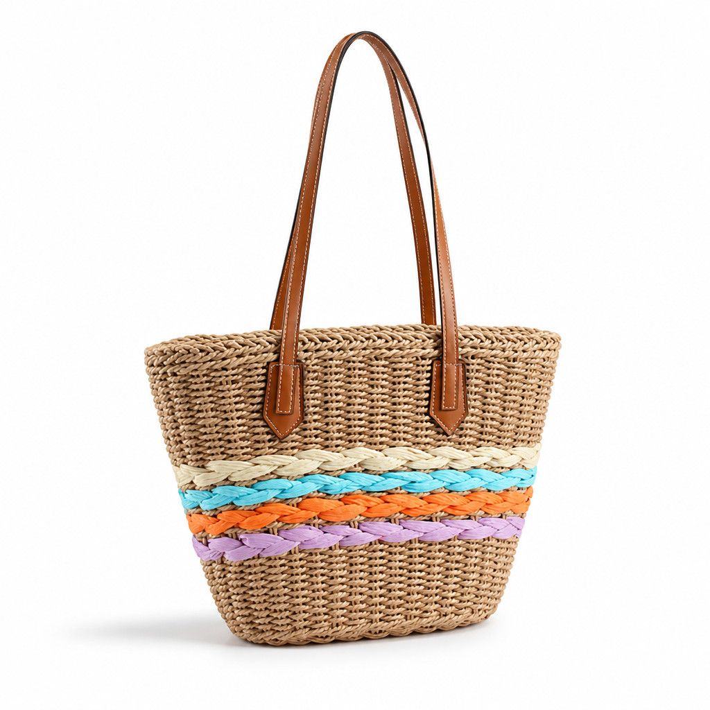 Colorful Braided Woven Raffia Tote (Faux Leather Handles)