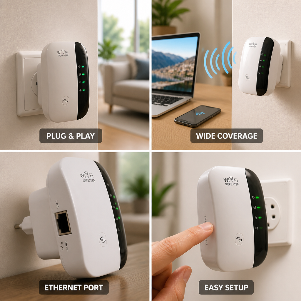 Compact 300 Mbps Plug-In WiFi Extender (Ethernet Port)