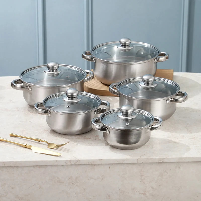 Cookware Set Stainless Steel Glass Lids 10-Piece