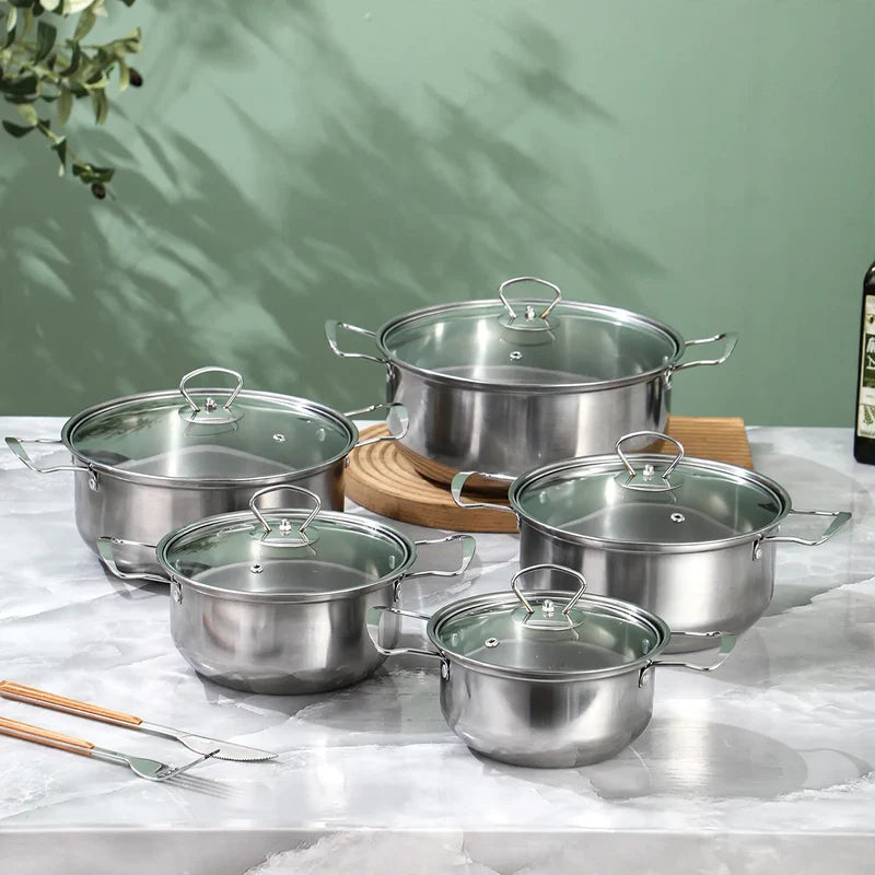 Cookware Set Stainless Steel Glass Lids 10-Piece