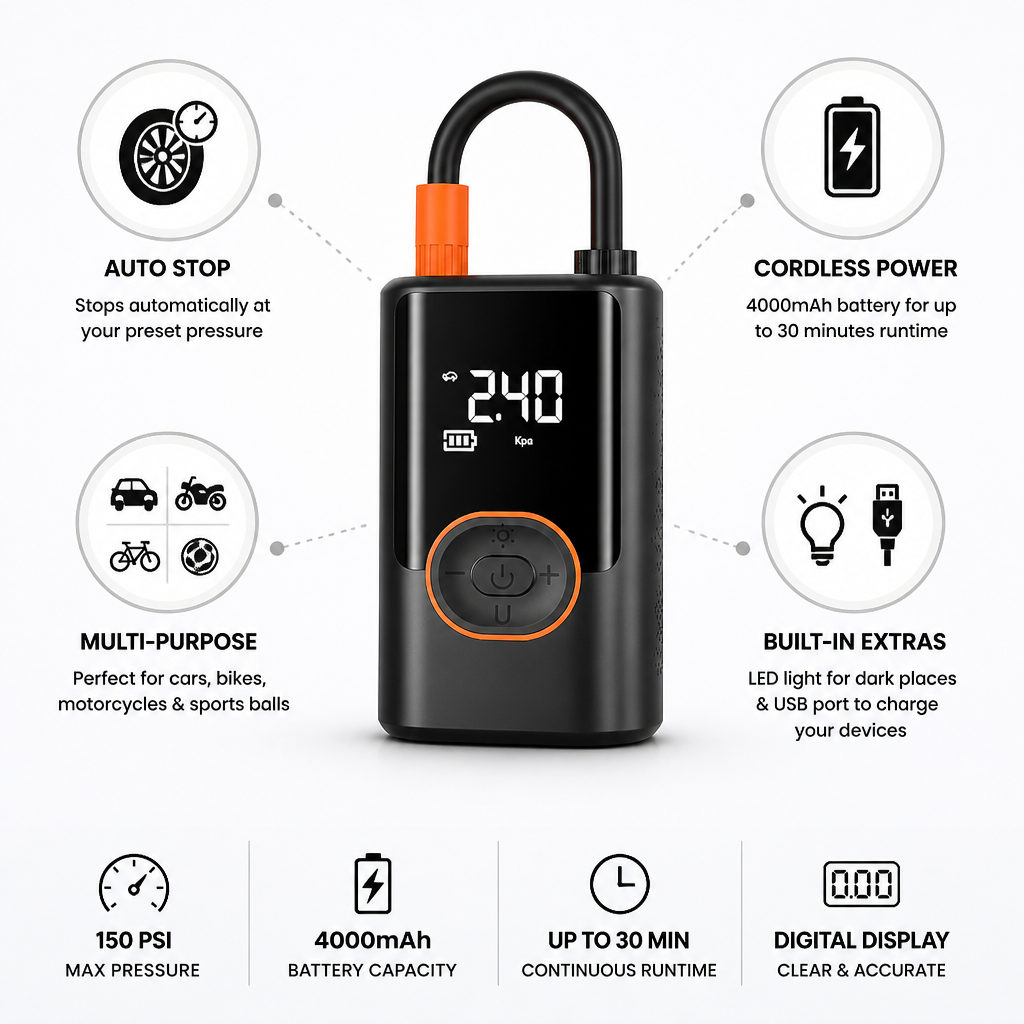 Cordless Auto Stop Digital Air Pump (USB Rechargeable)