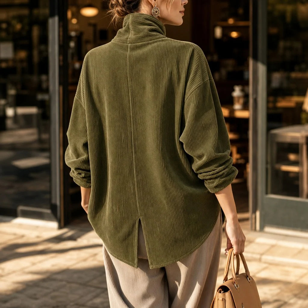 Corduroy Top Funnel Neck Diagonal Button Placket Long Sleeve