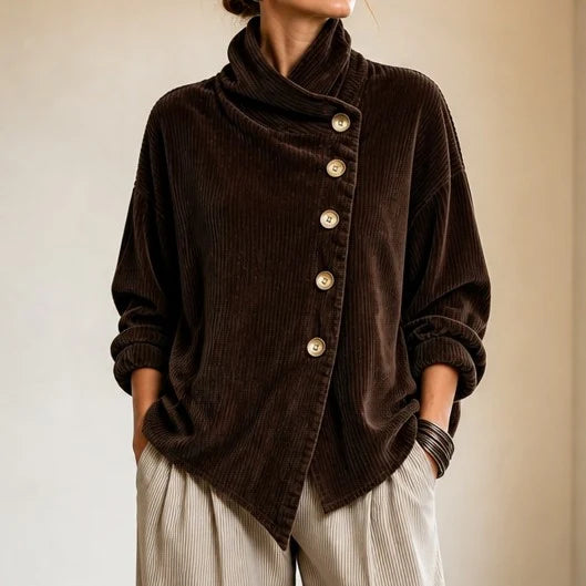 Corduroy Top Funnel Neck Diagonal Button Placket Long Sleeve
