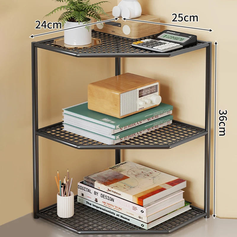 Corner Storage Shelf Three-Tier Metal Mesh Space-Saving Design