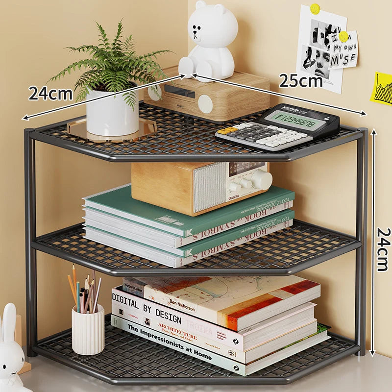 Corner Storage Shelf Three-Tier Metal Mesh Space-Saving Design