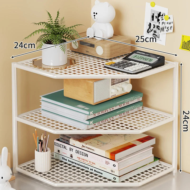 Corner Storage Shelf Three-Tier Metal Mesh Space-Saving Design