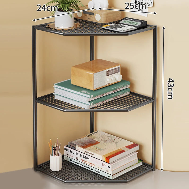 Corner Storage Shelf Three-Tier Metal Mesh Space-Saving Design