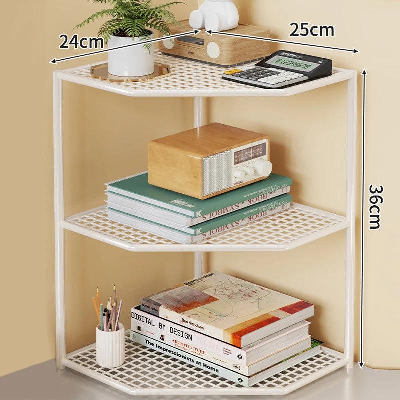 Corner Storage Shelf Three-Tier Metal Mesh Space-Saving Design