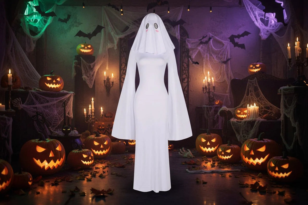 Cosplay Costume Ghost Bride Mask & Floor-Length Fitted Dress