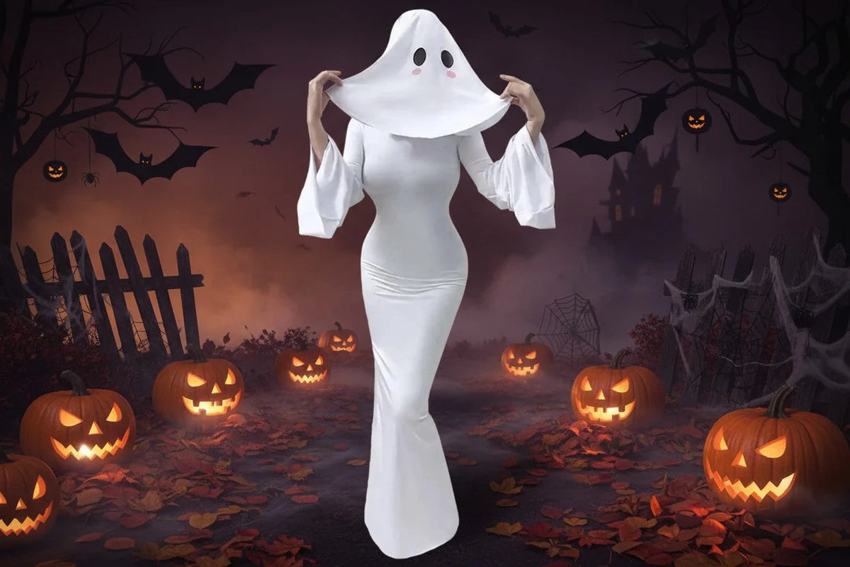 Cosplay Costume Ghost Bride Mask & Floor-Length Fitted Dress