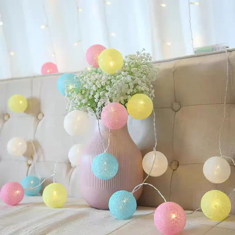 Cotton Ball LED String Lights Warm Glow Dual Power