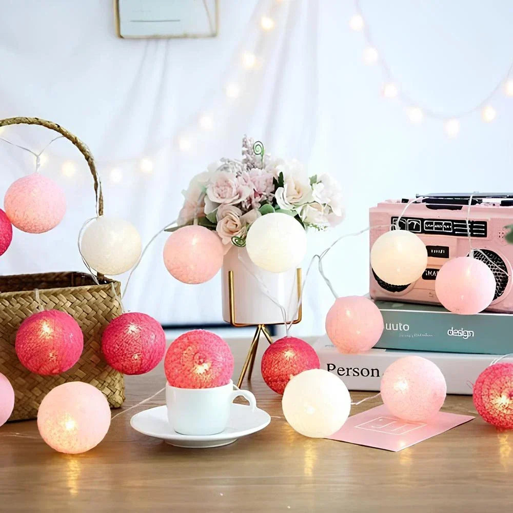 Cotton Ball LED String Lights Warm Glow Dual Power