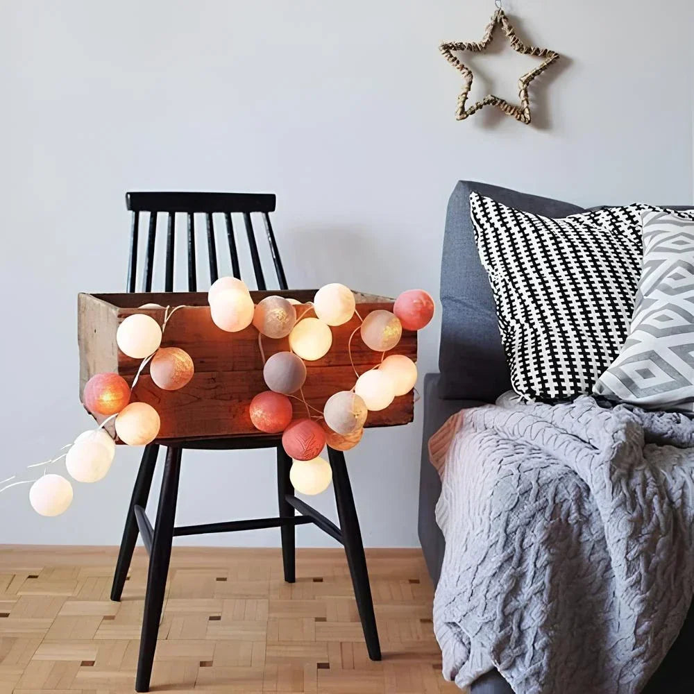 Cotton Ball LED String Lights Warm Glow Dual Power
