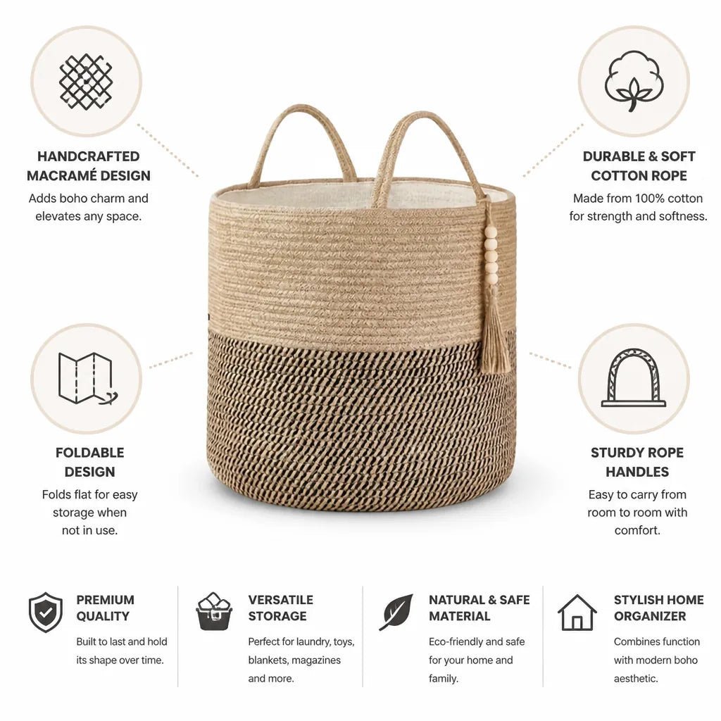 Cotton Storage Basket Handcrafted Macrame Foldable With Rope Handles