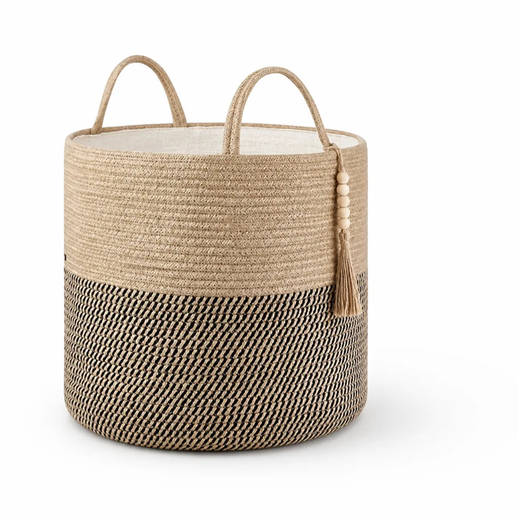 Cotton Storage Basket Handcrafted Macrame Foldable With Rope Handles