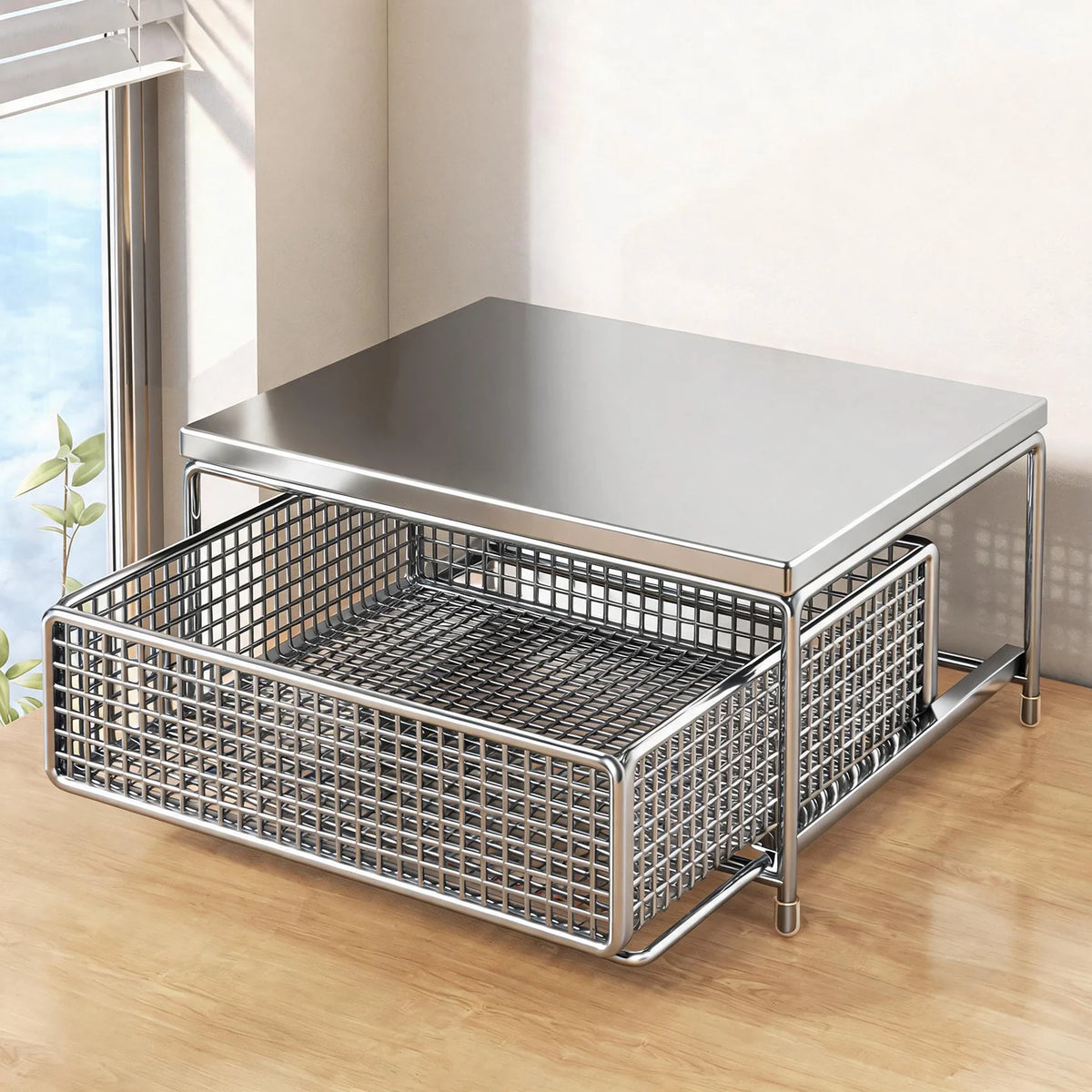 Countertop Organizer Sliding Mesh Basket Wood-Look Top