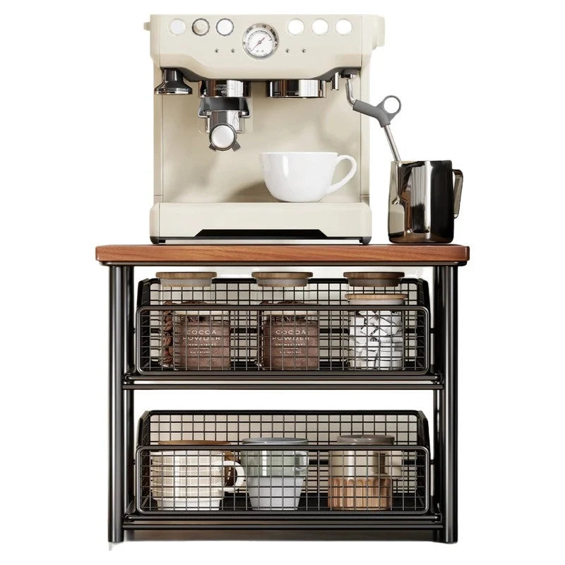 Countertop Organizer Wooden Top Slide-Out Wire Baskets