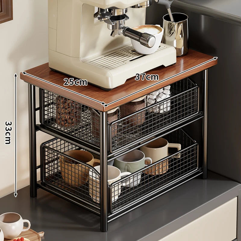 Countertop Organizer Wooden Top Slide-Out Wire Baskets