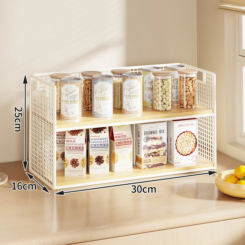 Countertop Pantry Organizer Multi-Tier Steel & Wood Storage Basket