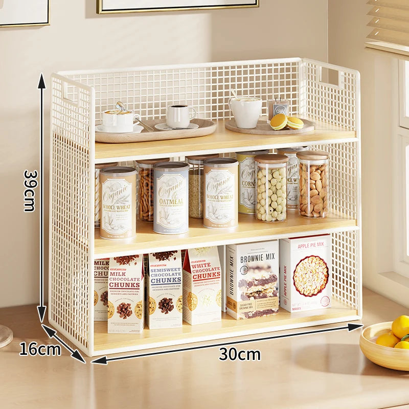 Countertop Pantry Organizer Multi-Tier Steel & Wood Storage Basket