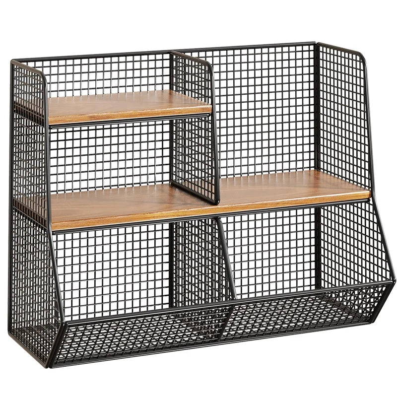 Countertop Pantry Organizer Multi-Tier Steel & Wood Storage Basket