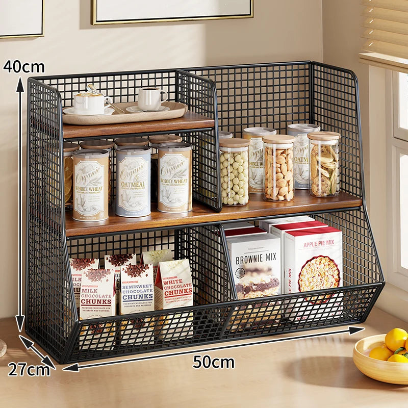 Countertop Pantry Organizer Multi-Tier Steel & Wood Storage Basket