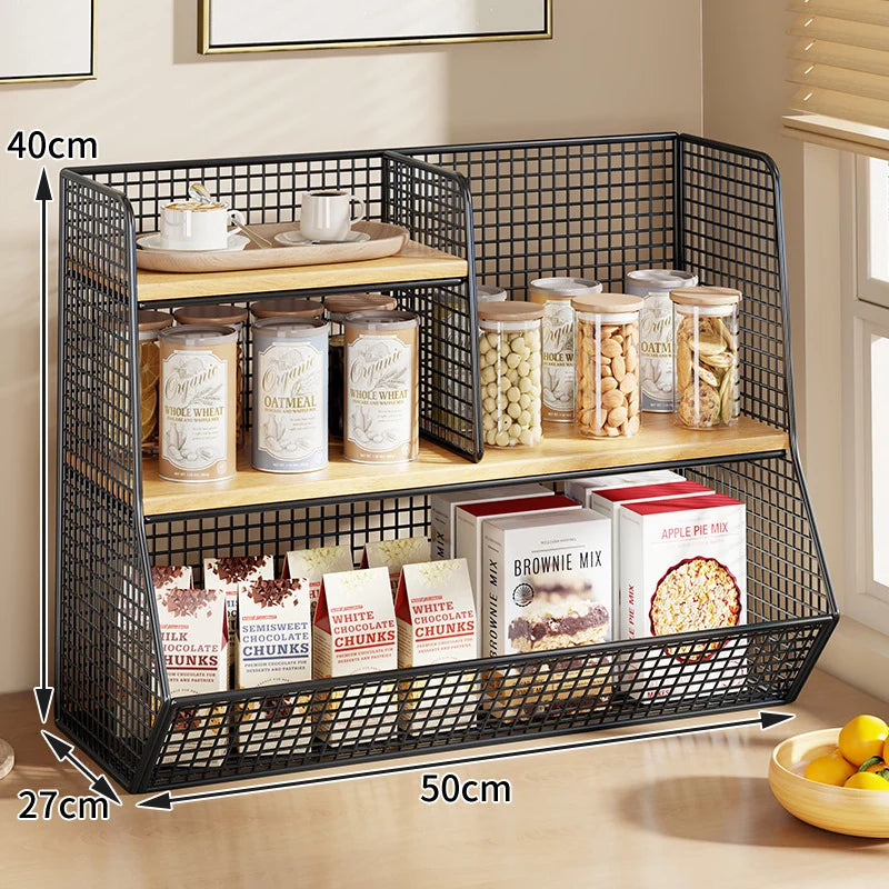 Countertop Pantry Organizer Multi-Tier Steel & Wood Storage Basket