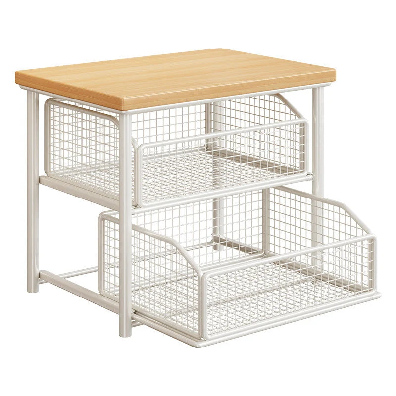 Countertop Storage Rack Wooden Shelf Sliding Wire Basket