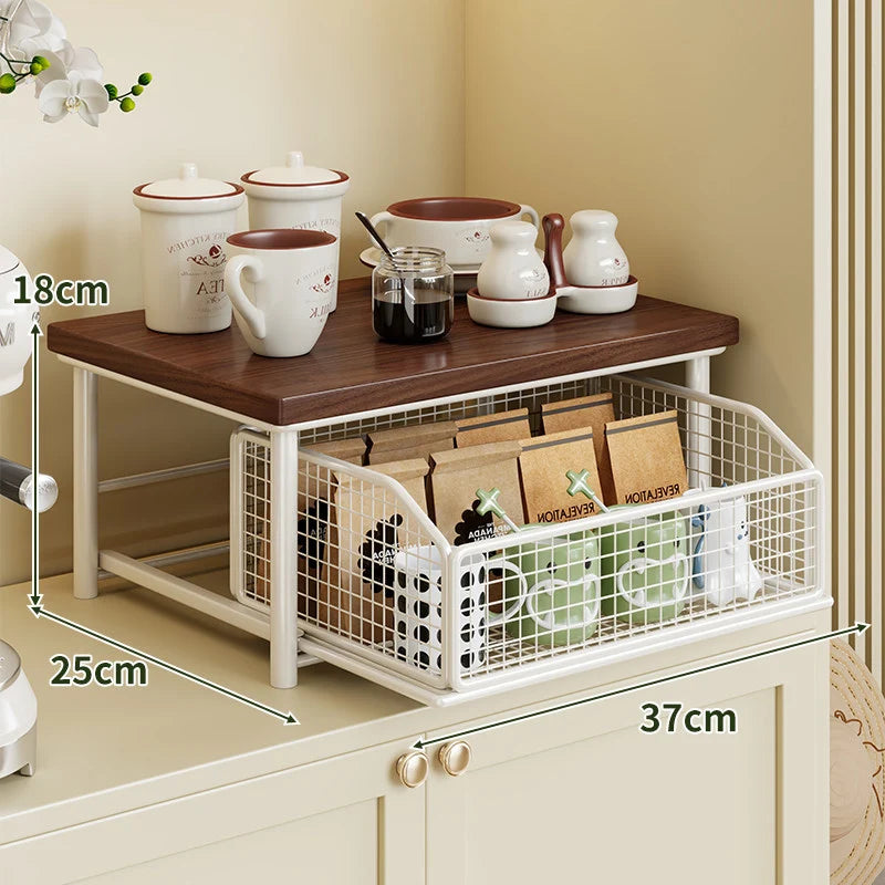 Countertop Storage Rack Wooden Shelf Sliding Wire Basket