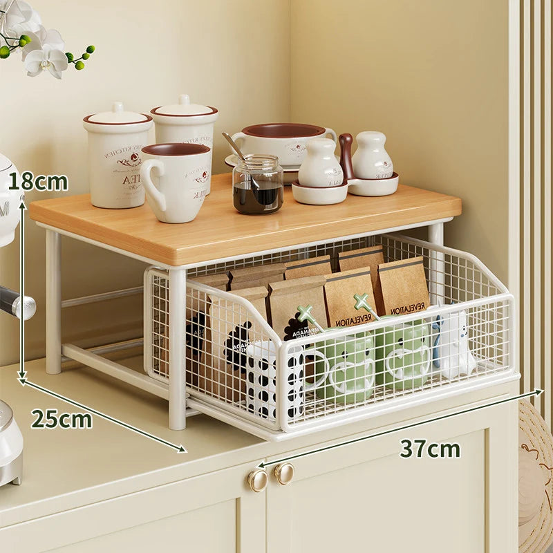 Countertop Storage Rack Wooden Shelf Sliding Wire Basket