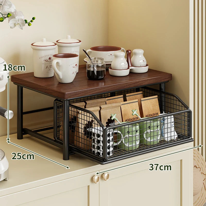 Countertop Storage Rack Wooden Shelf Sliding Wire Basket