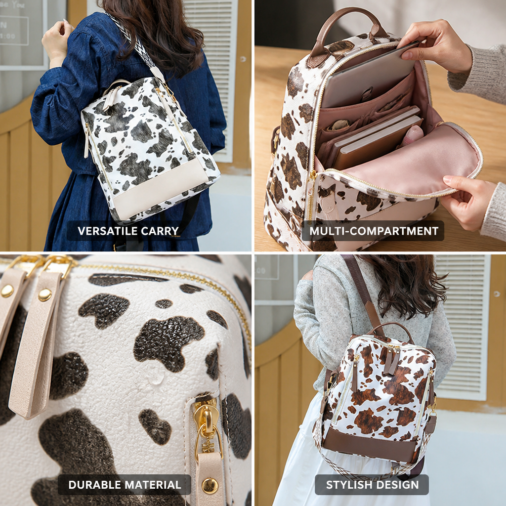 Cow Print Multi-Compartment Backpack