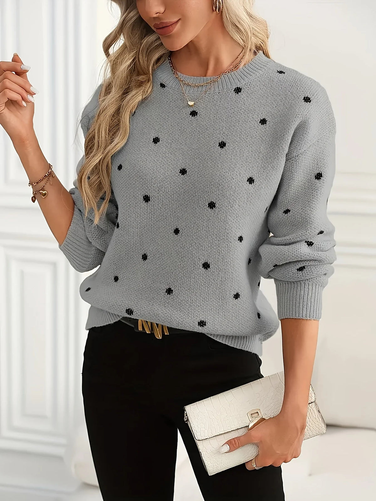 Crew Neck Sweater Polka Dot Light Stretch Knit