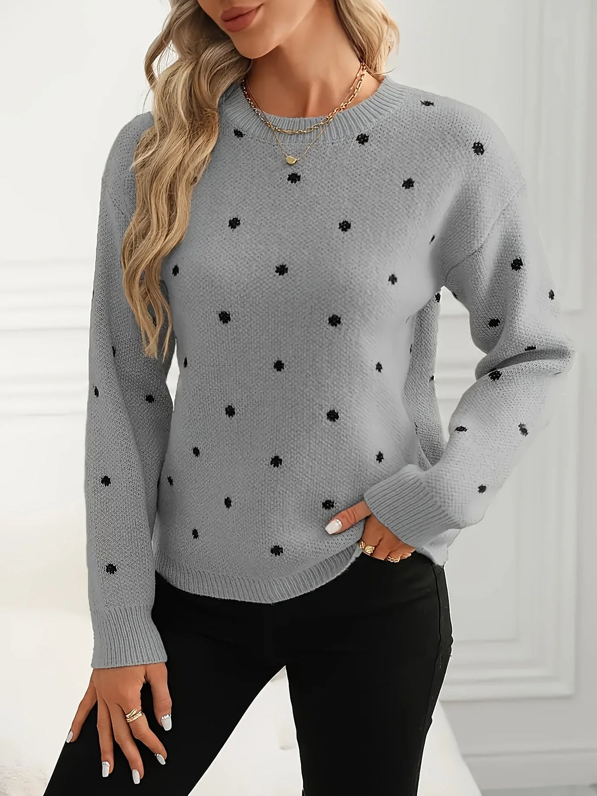 Crew Neck Sweater Polka Dot Light Stretch Knit