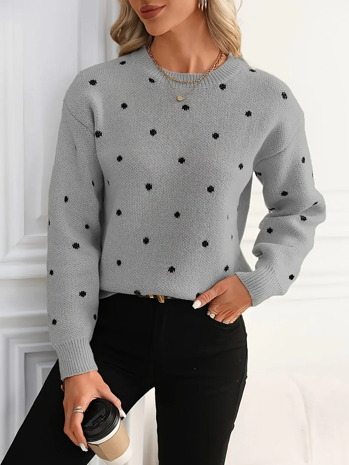 Crew Neck Sweater Polka Dot Light Stretch Knit