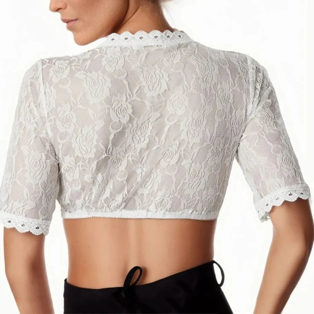 Crop Top Floral Lace Deep V-Neck Elbow-Length Sleeves