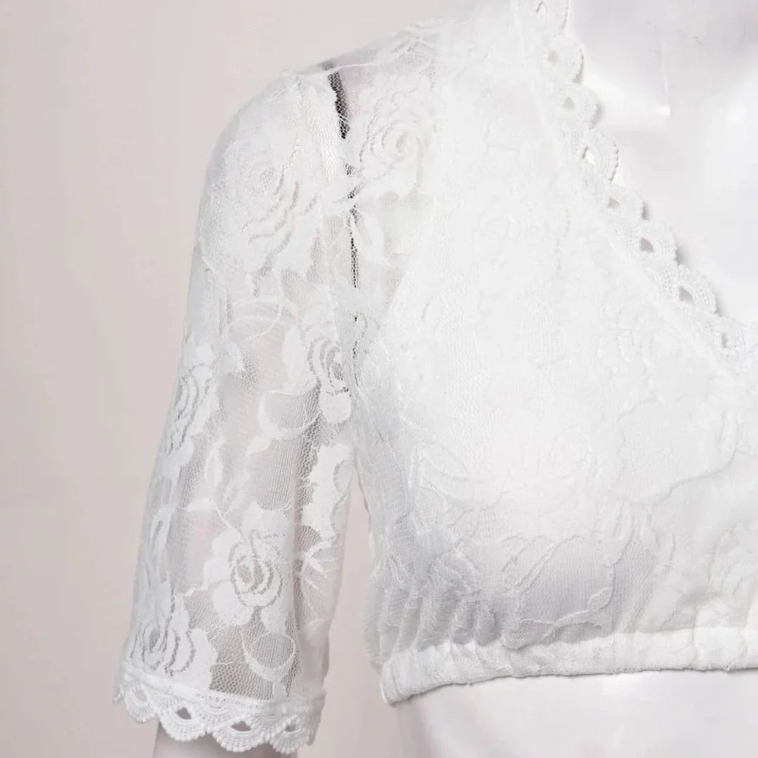 Crop Top Floral Lace Deep V-Neck Elbow-Length Sleeves