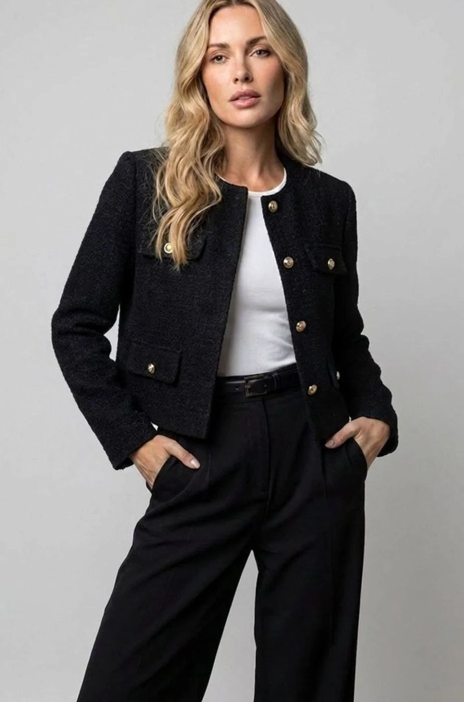 Cropped Blazer Tweed Collarless Gold Button Flap Pockets
