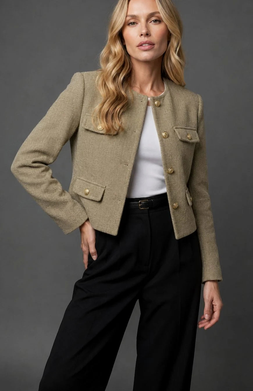 Cropped Blazer Tweed Collarless Gold Button Flap Pockets
