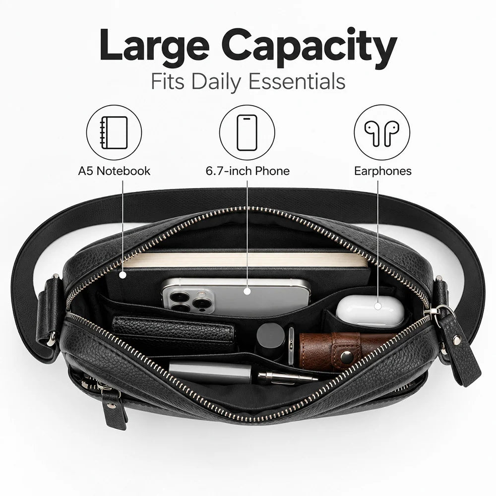 Crossbody Messenger Bag Genuine Pebbled Leather Adjustable Strap Zippered Pockets