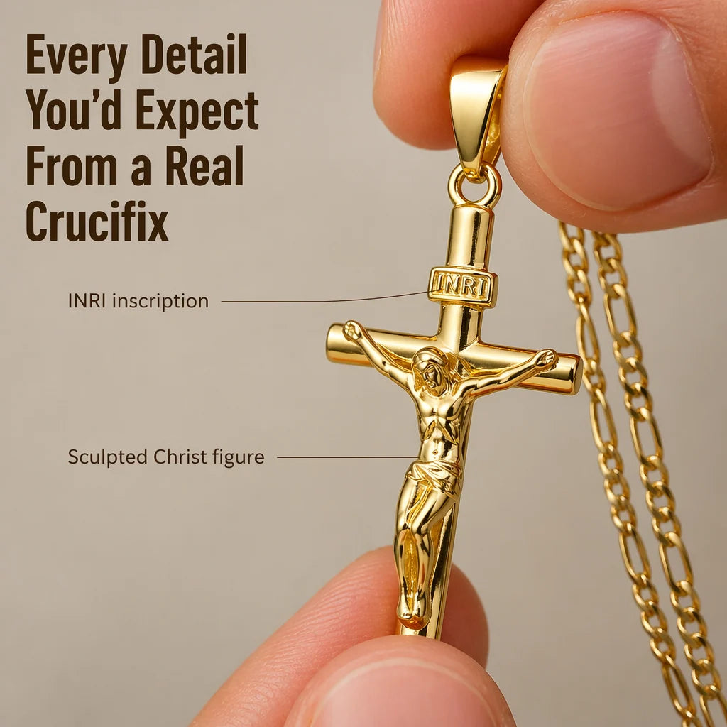 Crucifix Necklace Set Gold Finish INRI Figaro Chain 2-Pack
