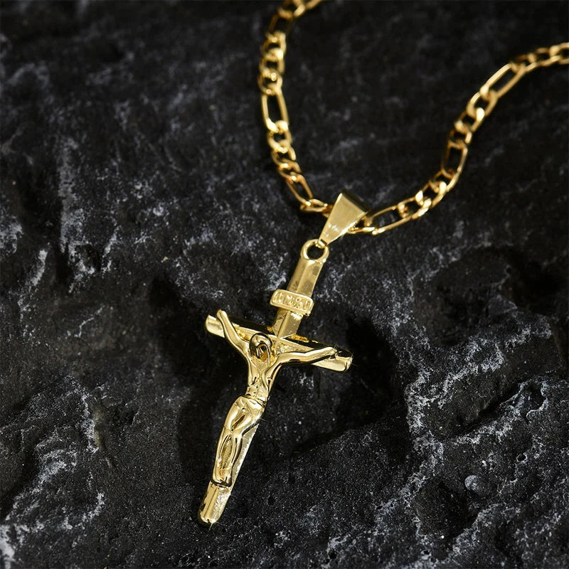 Crucifix Necklace Set Gold Finish INRI Figaro Chain 2-Pack
